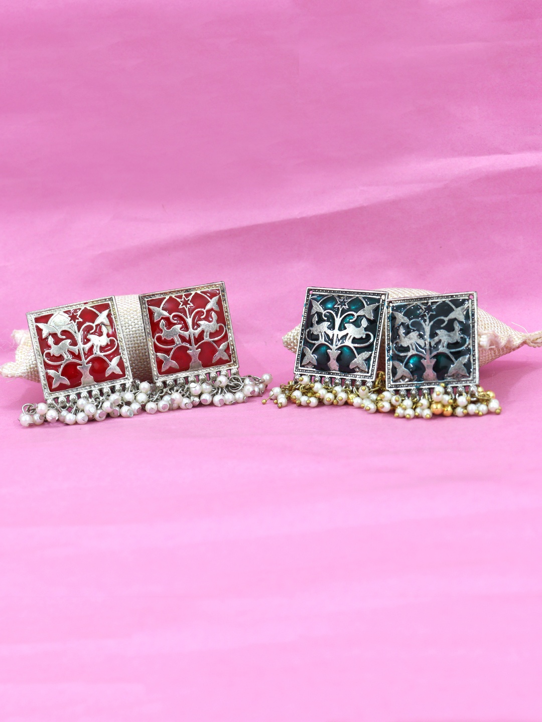 

VAGHBHATT Set of 2 Square Shaped Oxidised Drop Earrings, Green