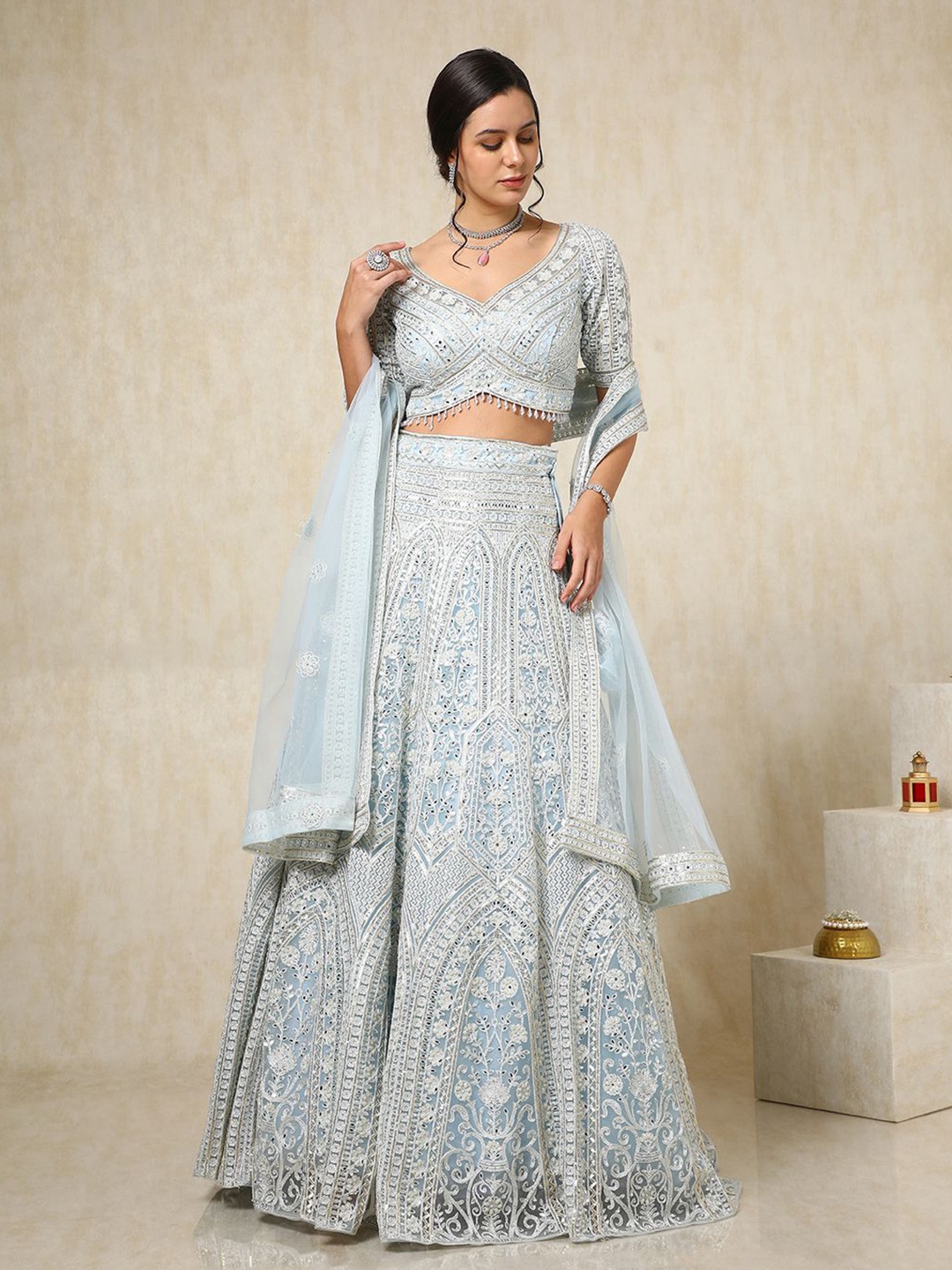 

Soch Embellished Mirror Work Net Ready to Wear Lehenga & Blouse With Dupatta, Blue