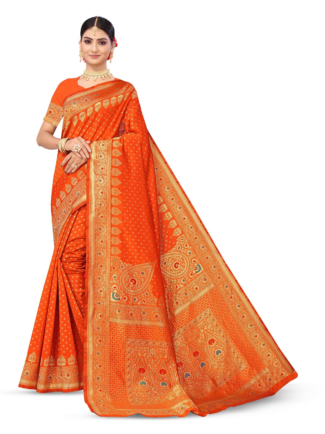 

Maroosh Floral Zari Silk Blend Fusion Banarasi Saree, Orange