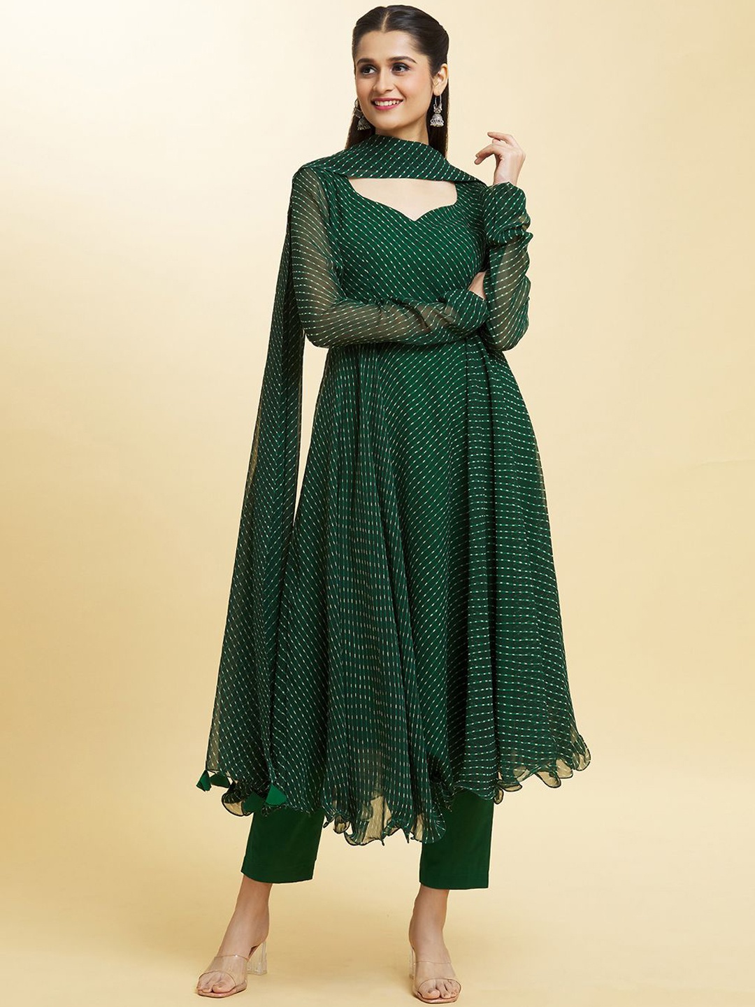 

Samyukta Singhani Leheriya Printed Anarkali Kurta with Trousers & Dupatta, Green