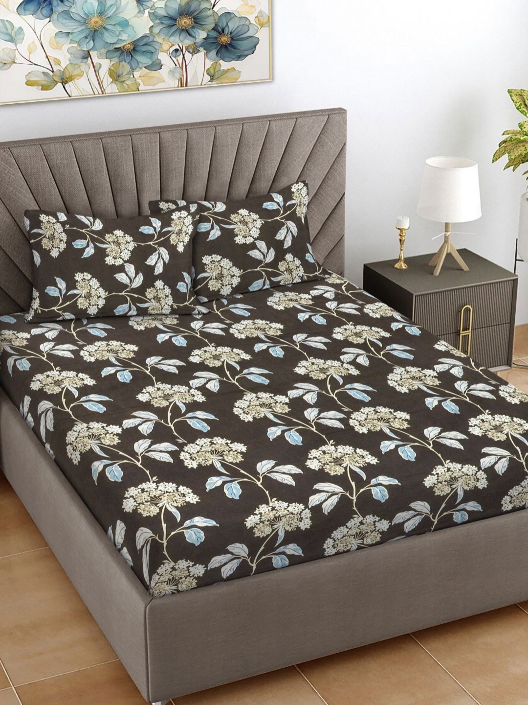

FABINALIV Brown Floral 300 TC Double King Bedsheet With 2 Pillow Covers 2.50 m X 2.20 m