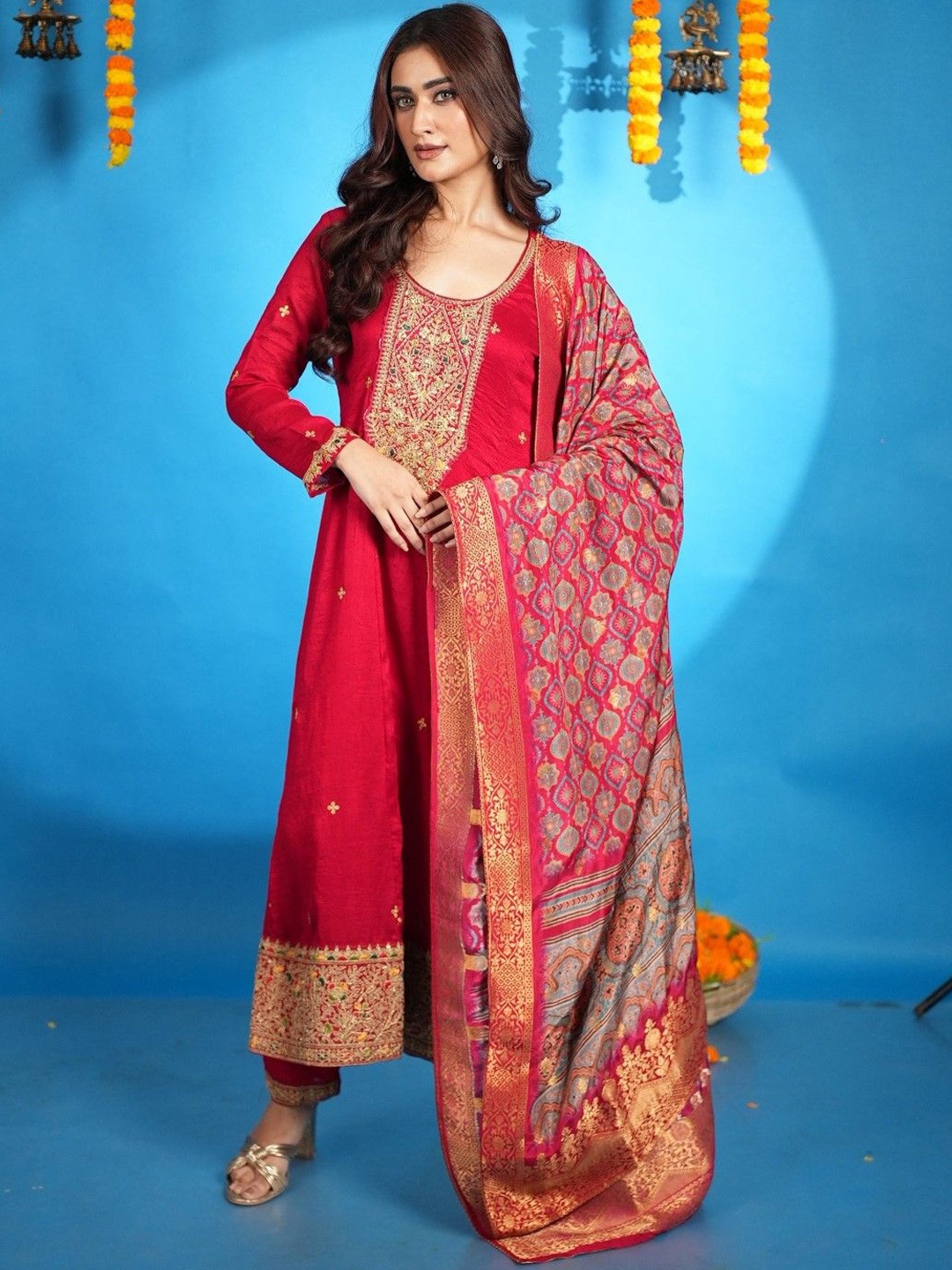 

AUTUMN LANE Floral Zari Embroidered Cotton Silk A-Line Kurta with Trouser and Dupatta, Red