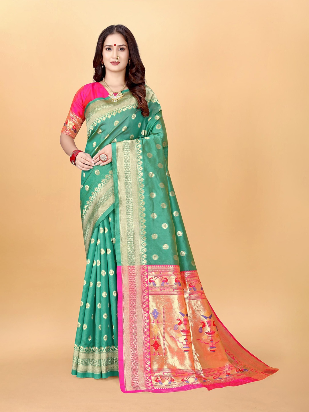 

VenderVilla Woven Design Zari Paithani Saree, Sea green