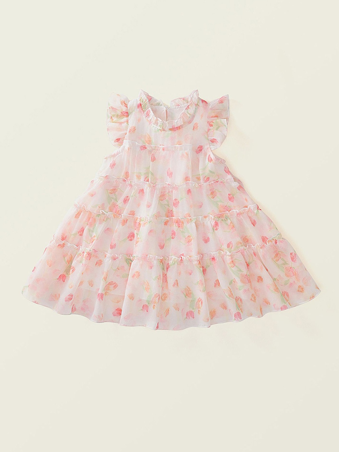 

LULU & SKY Girls Floral Printed Flutter Sleeve Tiered A-Line Dress, Off white