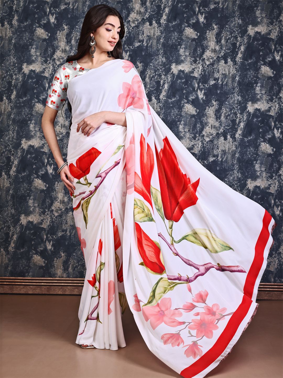 

P D Silk Mills Floral Pure Crepe Saree, White