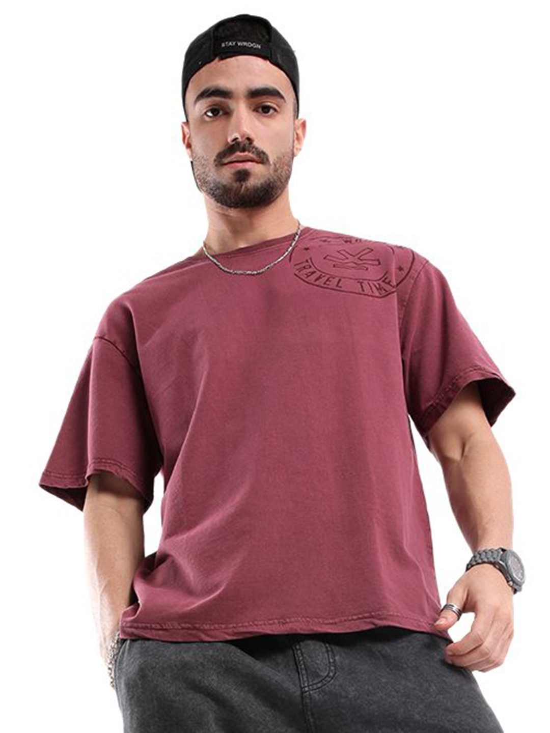 

WROGN Men Graphic Printed Round Neck Pure Cotton Oversized T-shirt, Brown