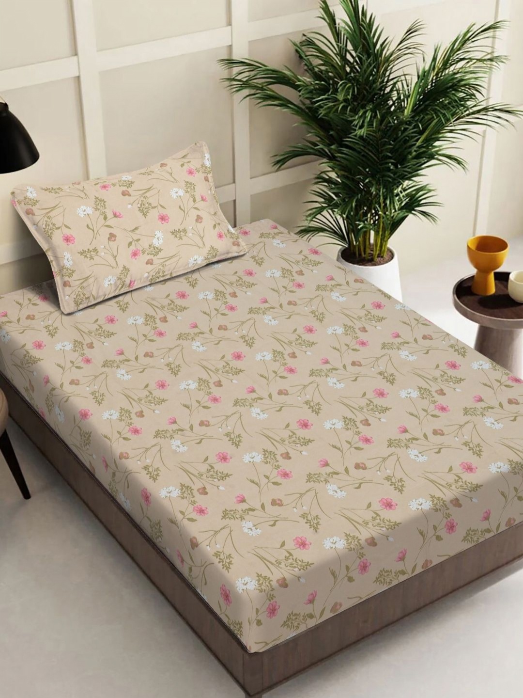 

FABINALIV Beige Floral 300 TC Single Bedsheet With 1 Pillow Cover 2.20 m X 1.50 m