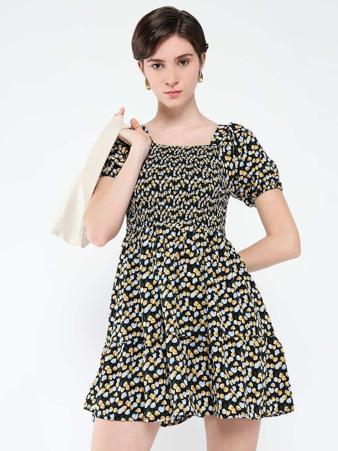 

SHOWOFF Women Floral Printed Puff Sleeve Fit & Flare Mini Dress, Black