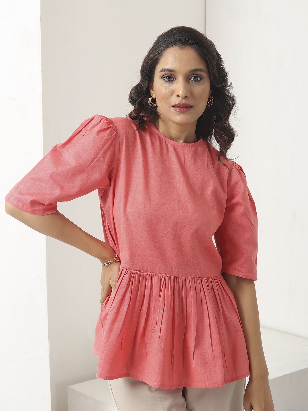 

BOONS n PERKKS Women Solid Round Neck Cotton Top, Pink
