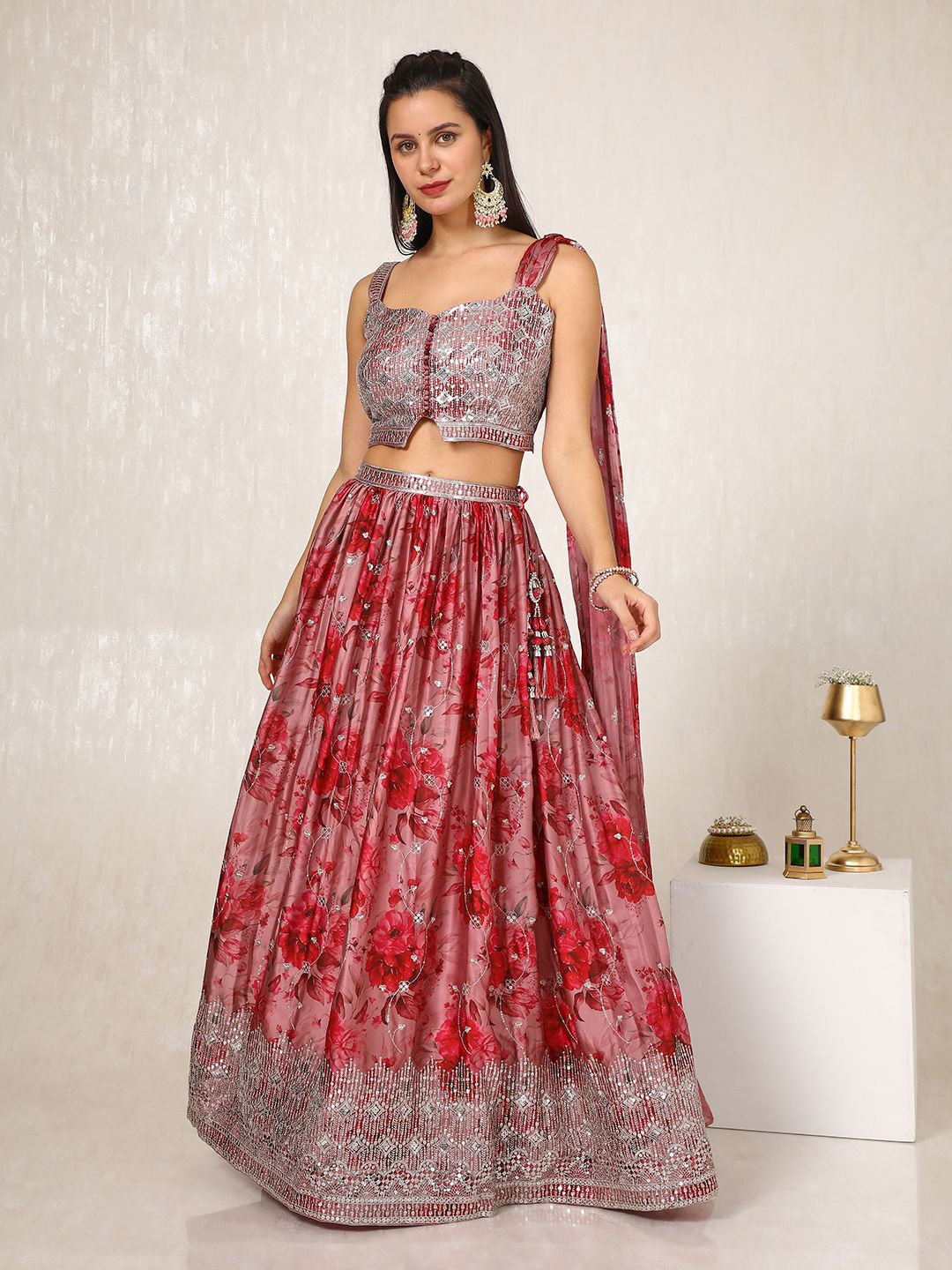 

Soch Floral Embroidered Sequinned Square Neck Ready to Wear Lehenga & Blouse With Dupatta, Pink