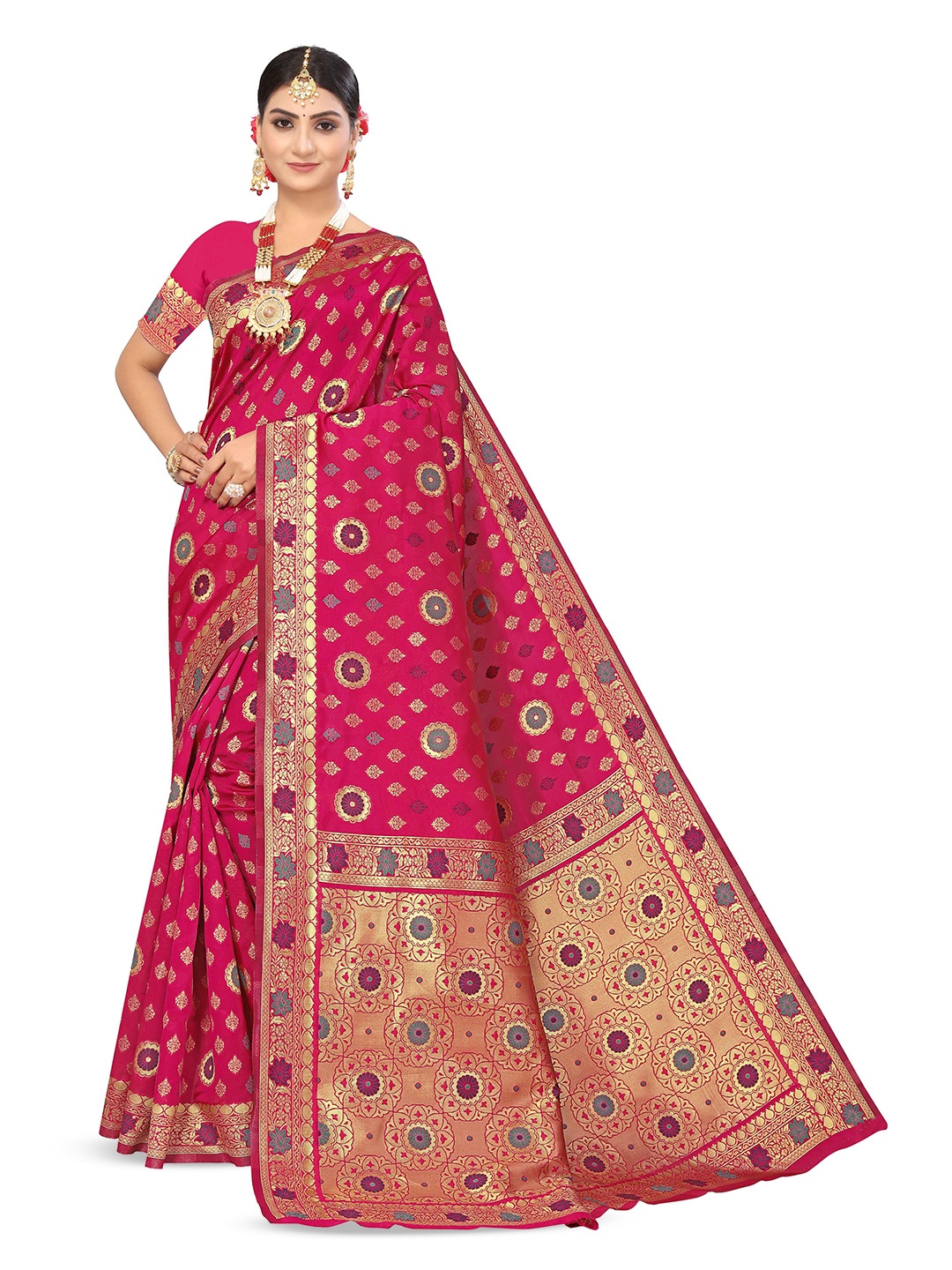 

Maroosh Ethnic Motifs Woven Design Zari Banarasi Saree, Pink