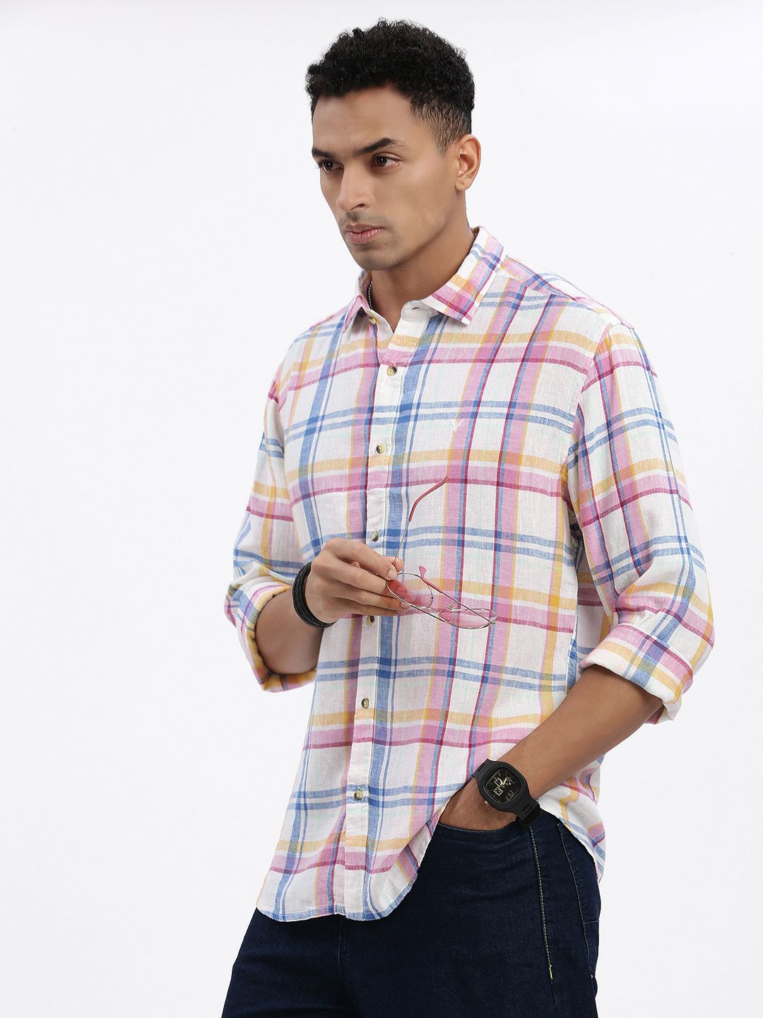 

SHOWOFF Men Premium Spread Collar Tartan Checked Linen Slim Fit Casual Shirt, White