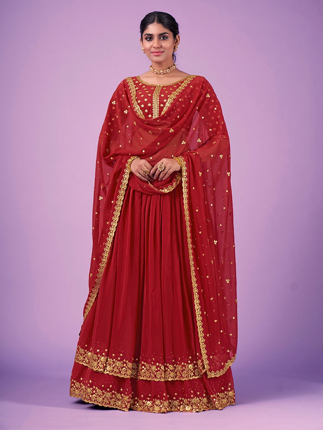 

ODETTE Embroidered Semi-Stitched Lehenga & Blouse With Dupatta, Red