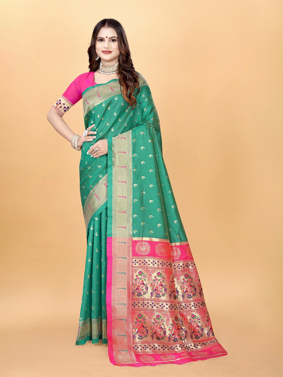 

VenderVilla Woven Design Zari Paithani Saree, Sea green