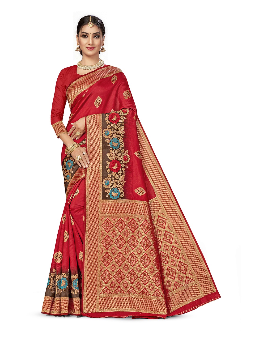 

Maroosh Floral Zari Silk Blend Fusion Banarasi Saree and Blouse piece, Red