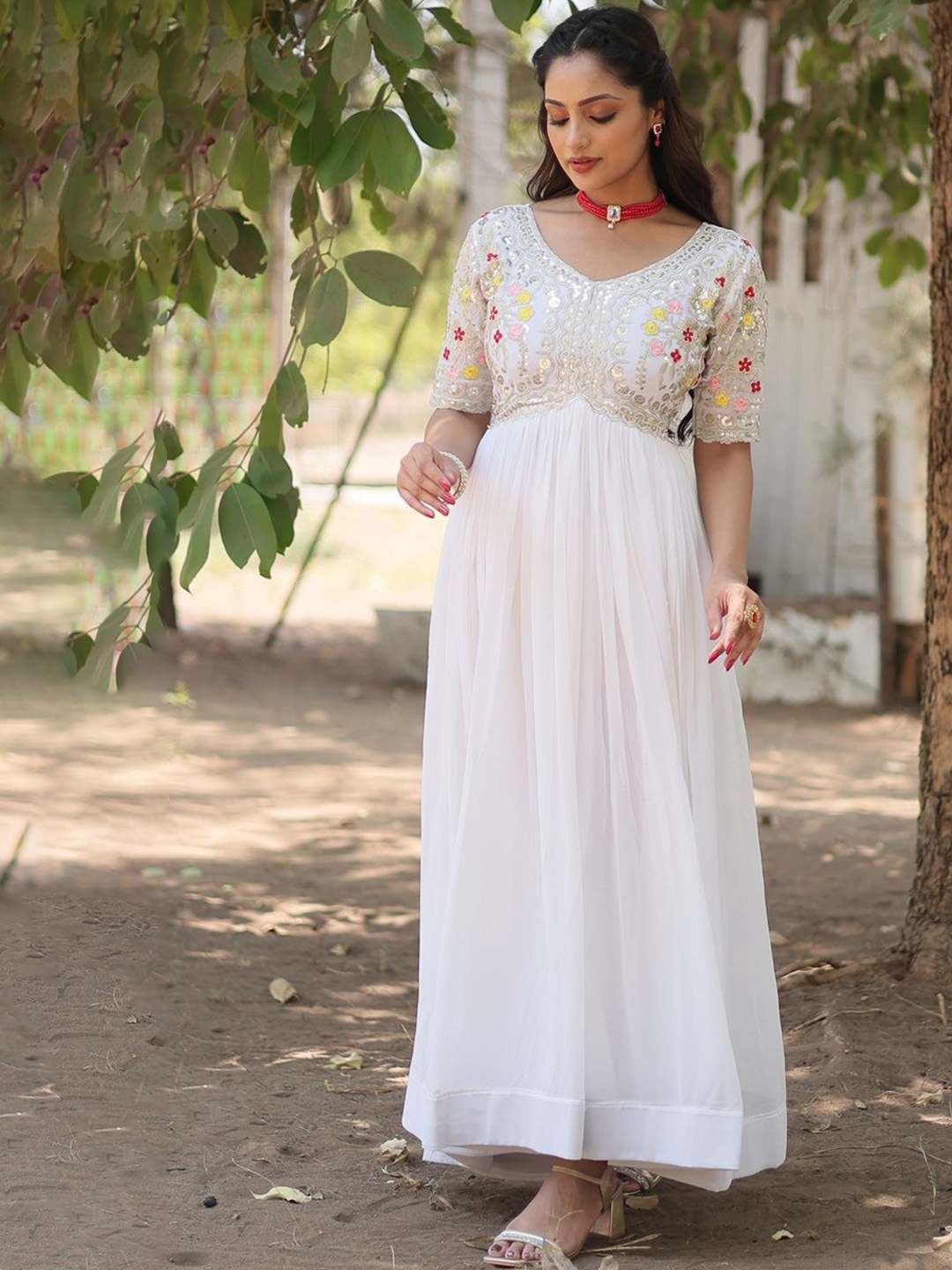 

KALINI Women Embroidered Sequin Georgette Anarkali Kurta, White