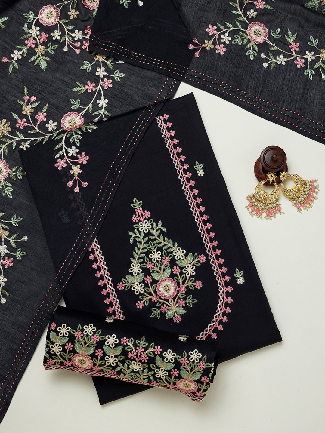 

Soch Floral Embroidered Pure Cotton Unstitched Dress Material, Black
