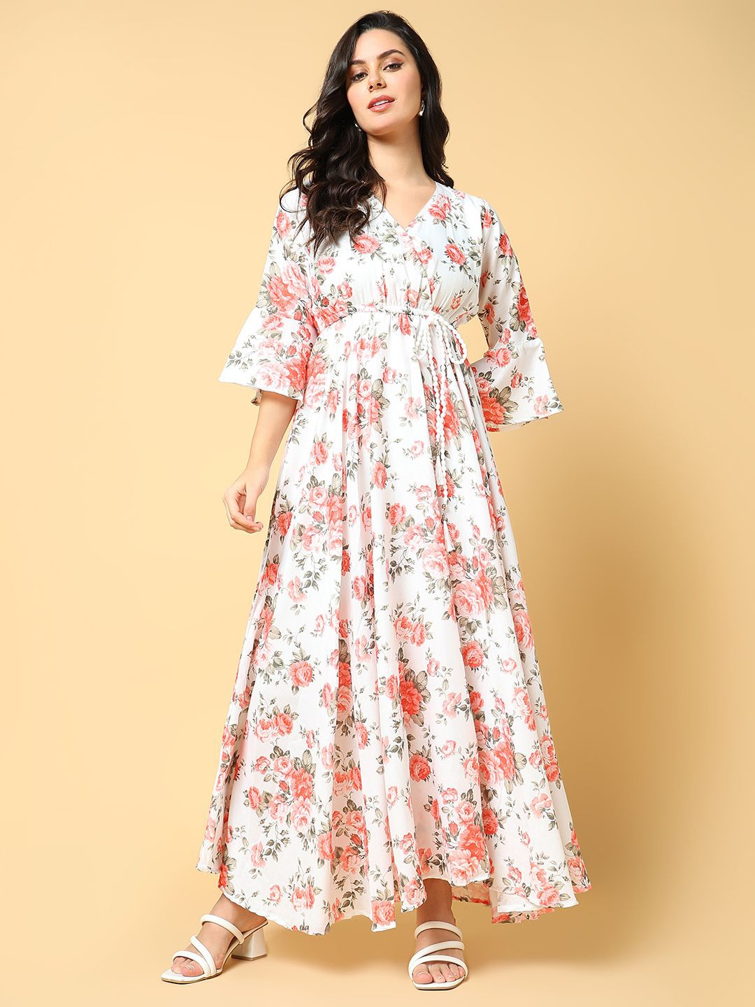 

SHOWOFF Women Floral Printed Bell Sleeves Fit and Flare Maxi Dress, Orange