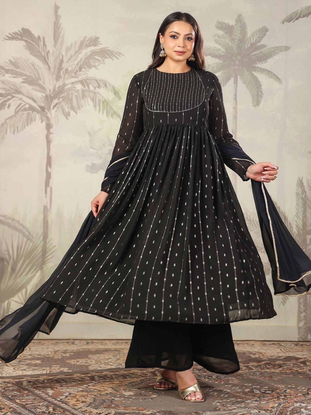 

Janasya Plus Size Floral Printed Empire Gotta Patti Georgette Kurta Trousers & Dupatta, Black