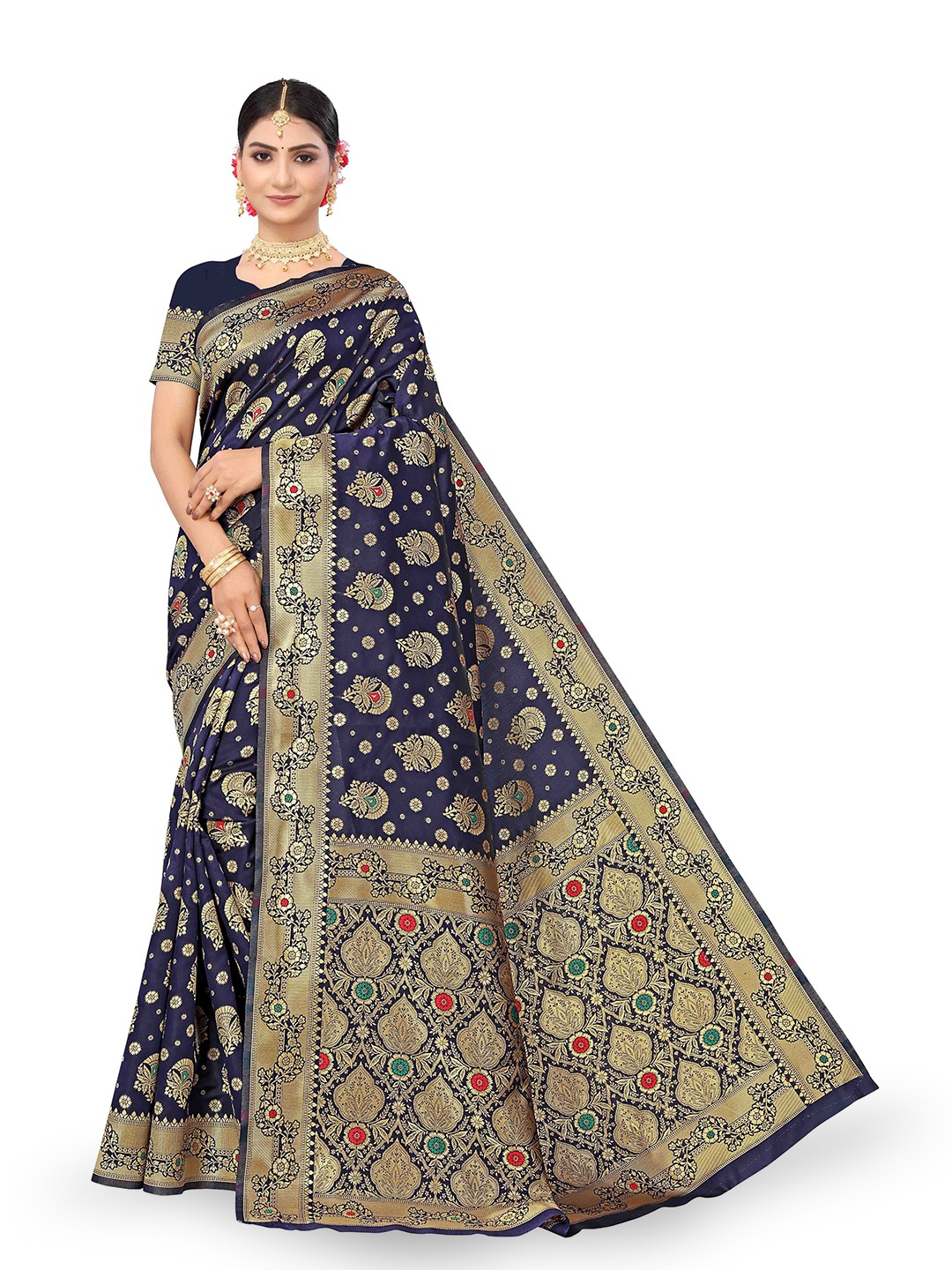 

Maroosh Floral Zari Silk Blend Banarasi Saree and Blouse Piece, Blue