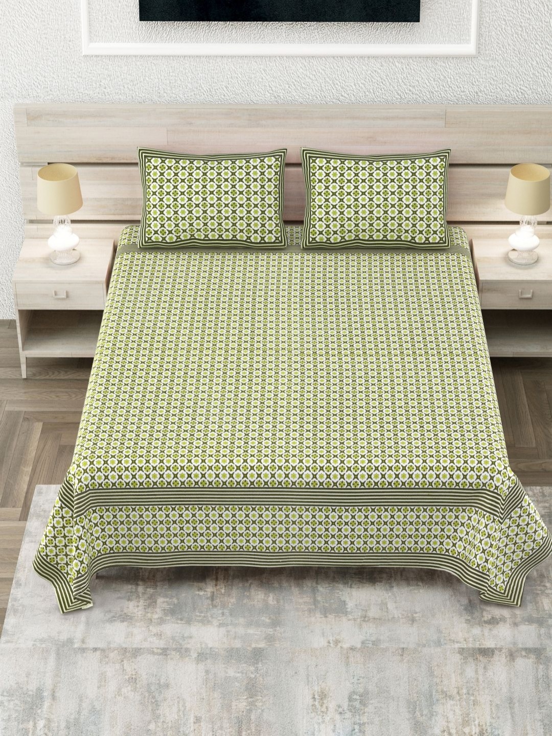

DOLLIFI Green Floral Cotton 300 TC Double King Bedsheet & 2 Pillow Covers 2.75 m X 2.75 m