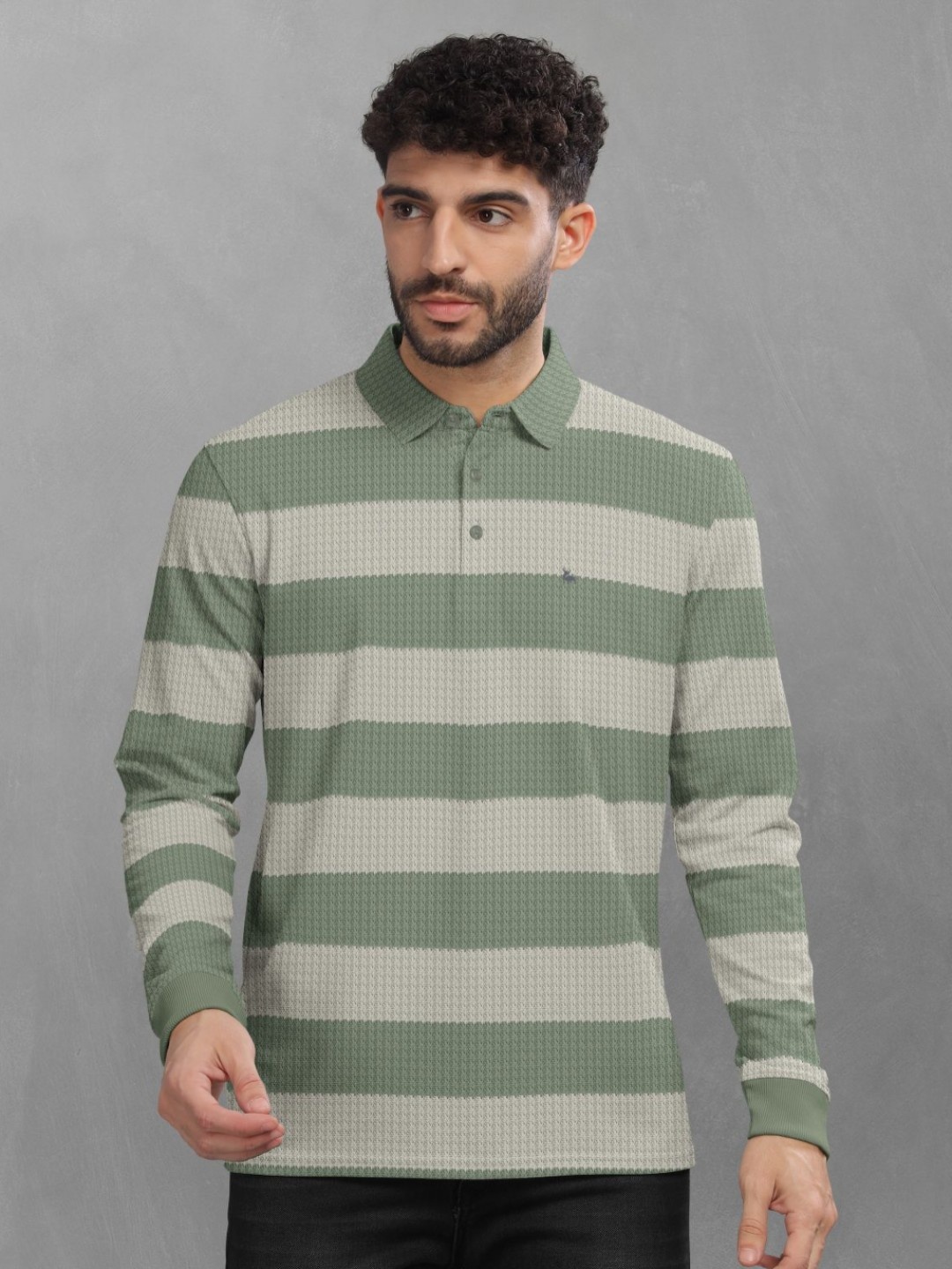 

BULLMER Men Striped Polo Collar Cotton T-shirt, Sea green