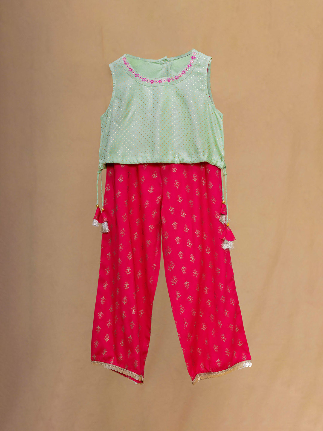

HERE&NOW Girls Printed Round Neck Top With Palazzos, Green