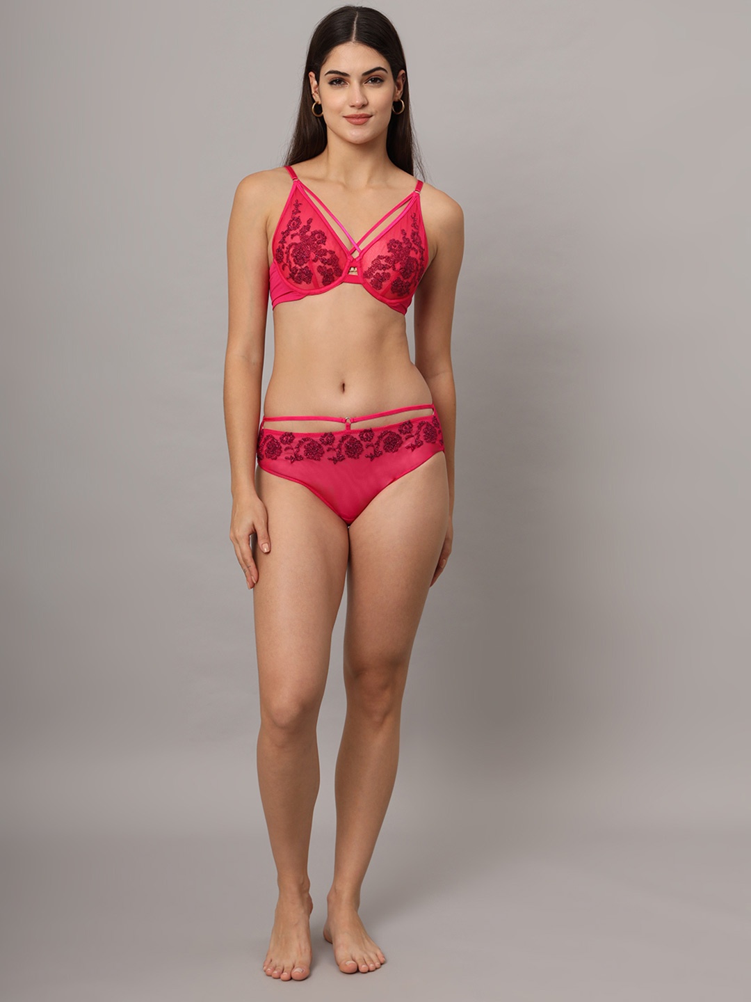 

Da Intimo Women Embroidered Non Padded Lingerie Set, Pink
