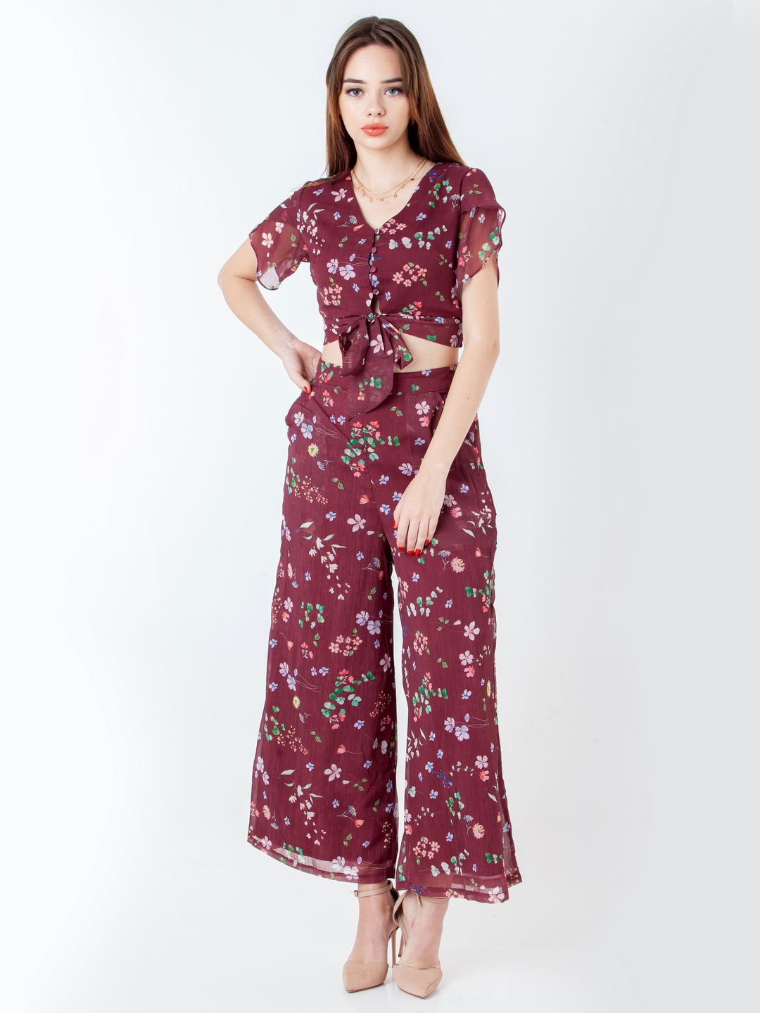 

Zink London Floral Printed Top With Palazzos, Maroon