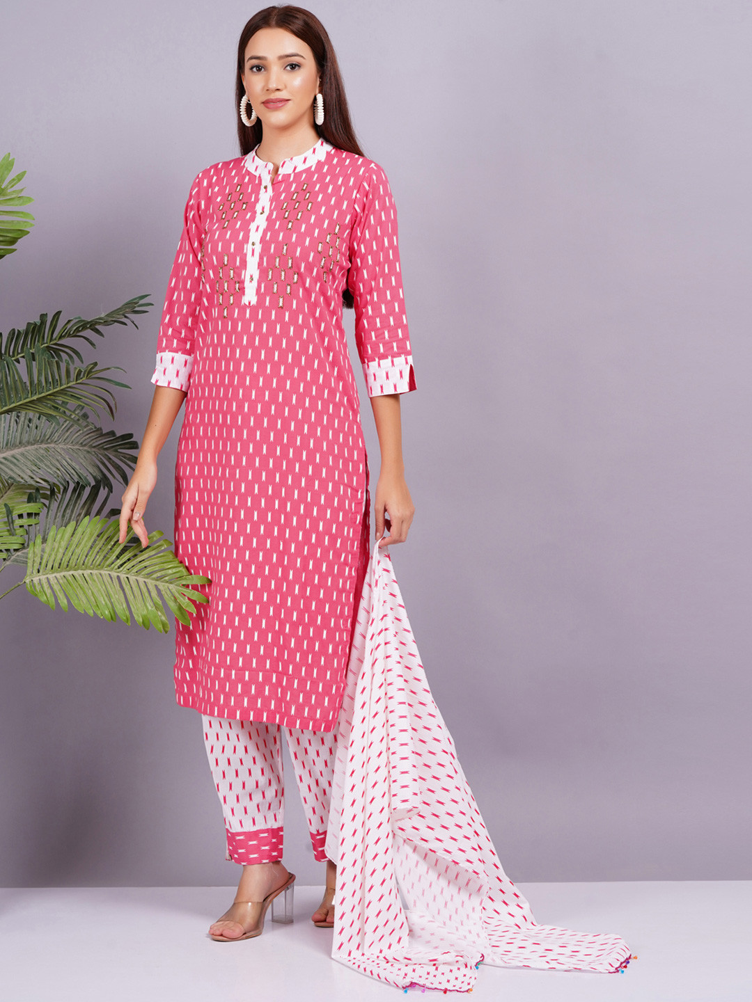 

HIGHLIGHT FASHION EXPORT Printed Zardozi Pure Cotton Straight Kurta with Trouser & Dupatta, Pink