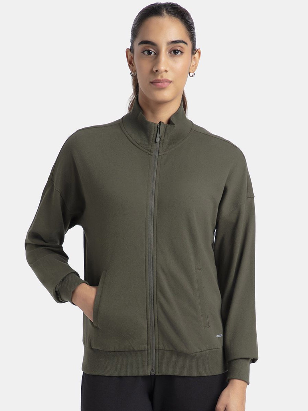 

Jockey Women Pure Cotton Drop Shoulder Styled Jacket with Ribbed Cuff and Hem, Olive