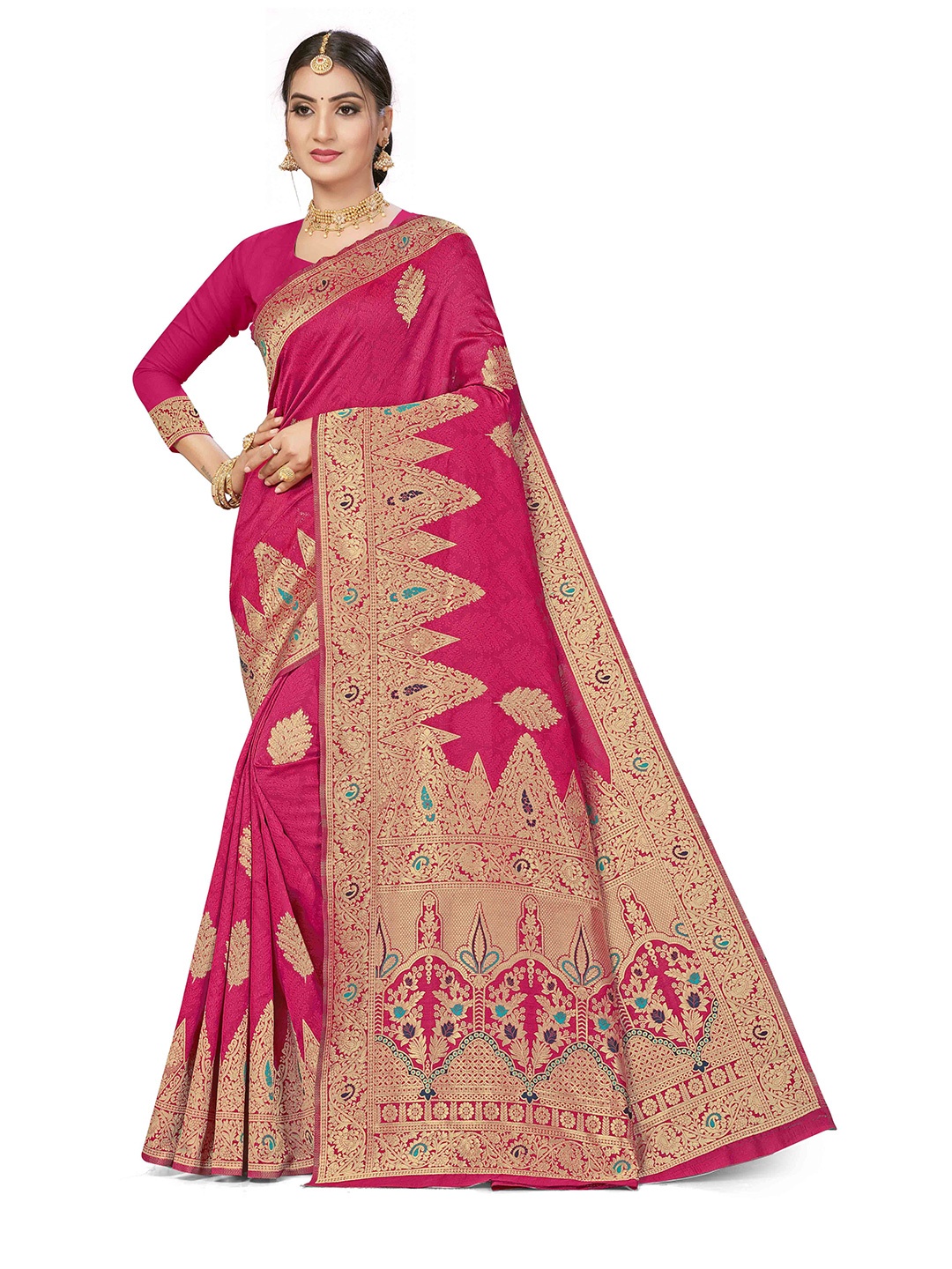 

Maroosh Floral Zari Silk Blend Fusion Banarasi Saree and Blouse Piece, Pink