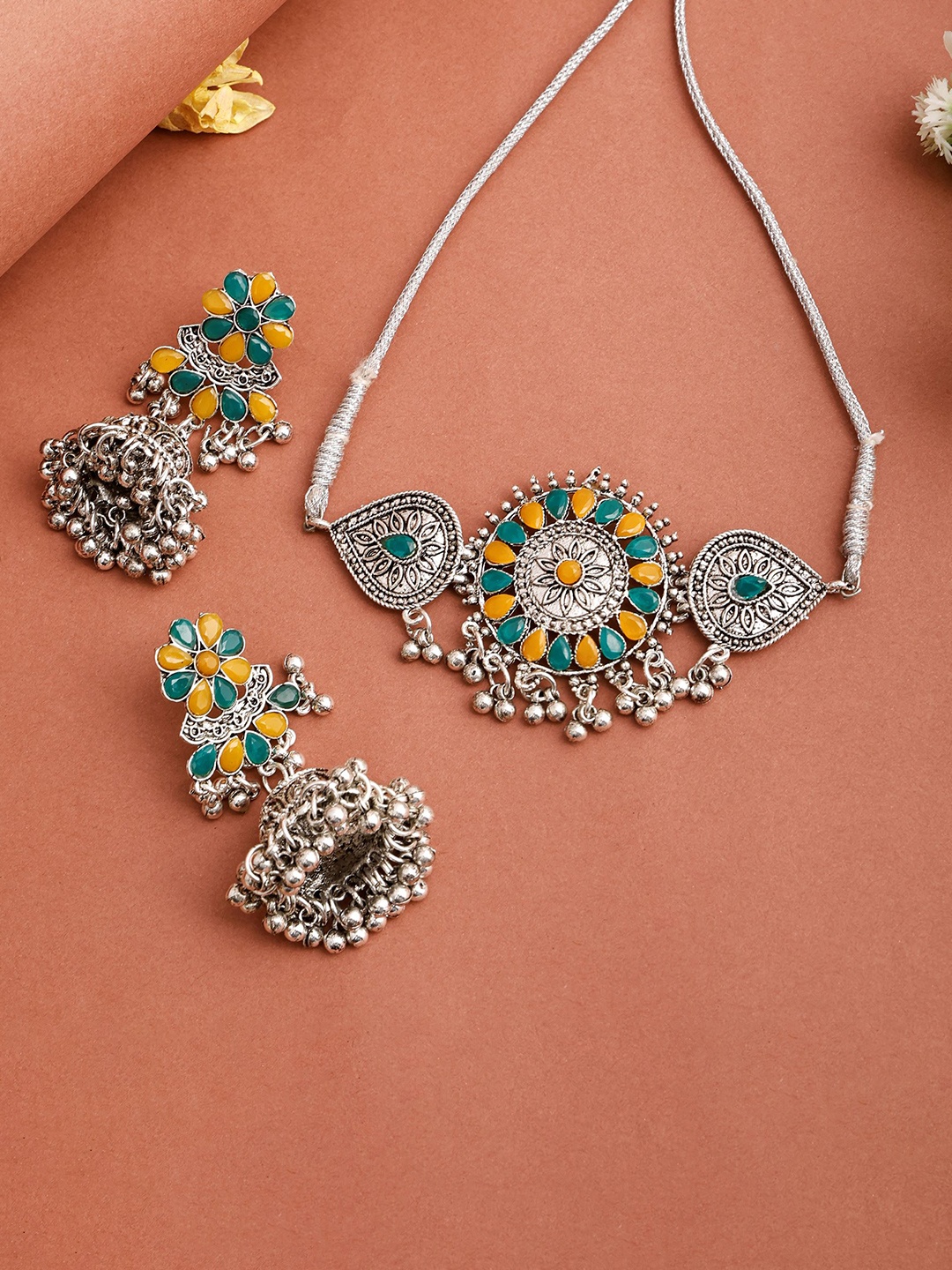 

SUNHARI Stone Studded & Beaded Oxidised Jewellery Set, Silver