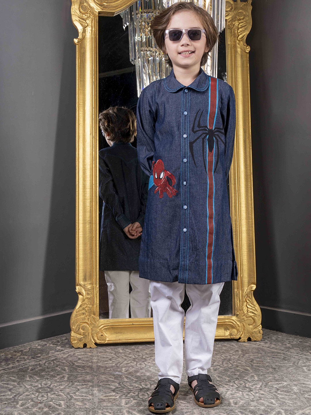 

HOITY MOPPET Boys Quirky Printed Shirt Collar Kurta With Trousers, Blue