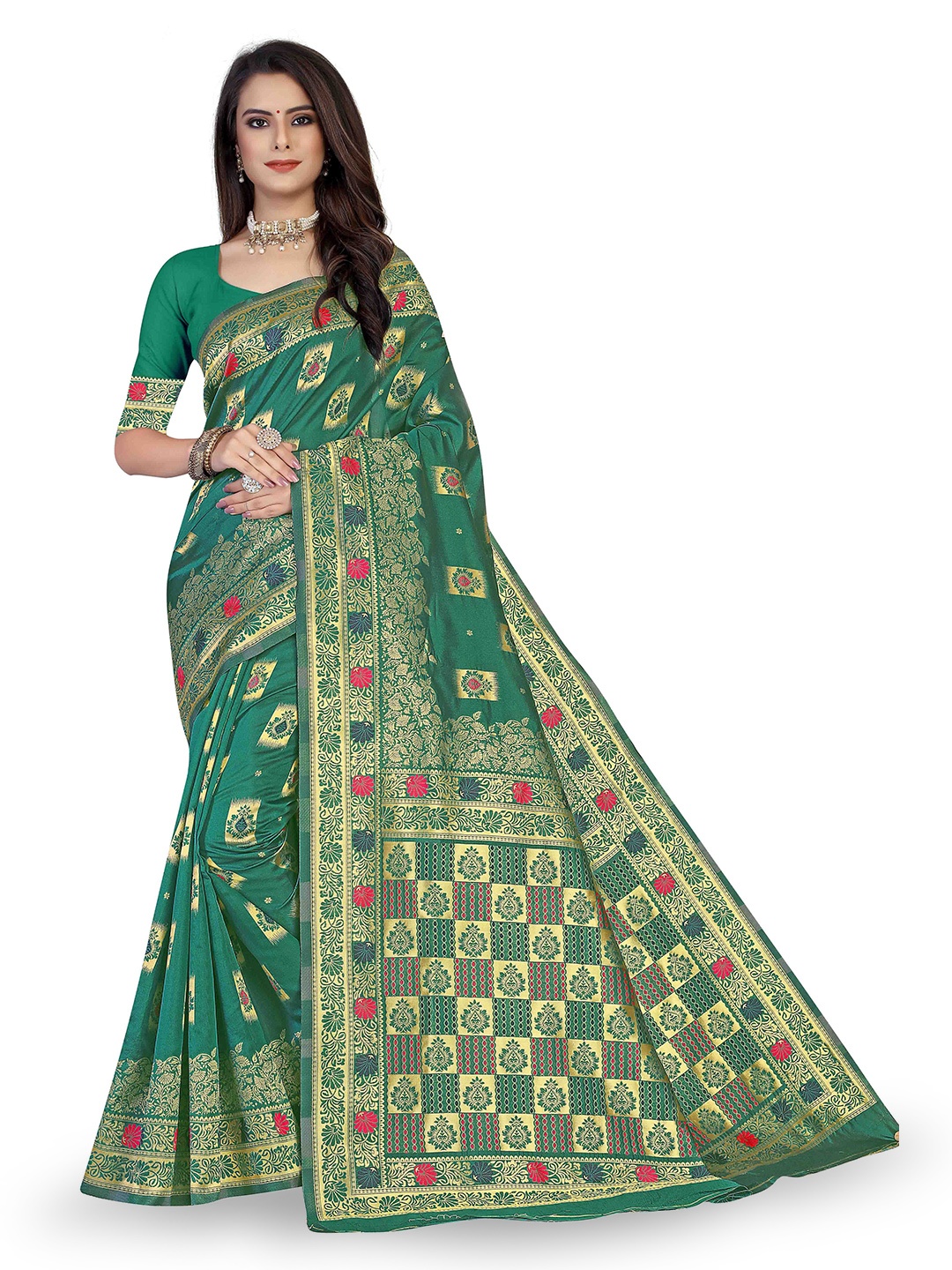 

Maroosh Floral Zari Silk Banarasi Saree, Green