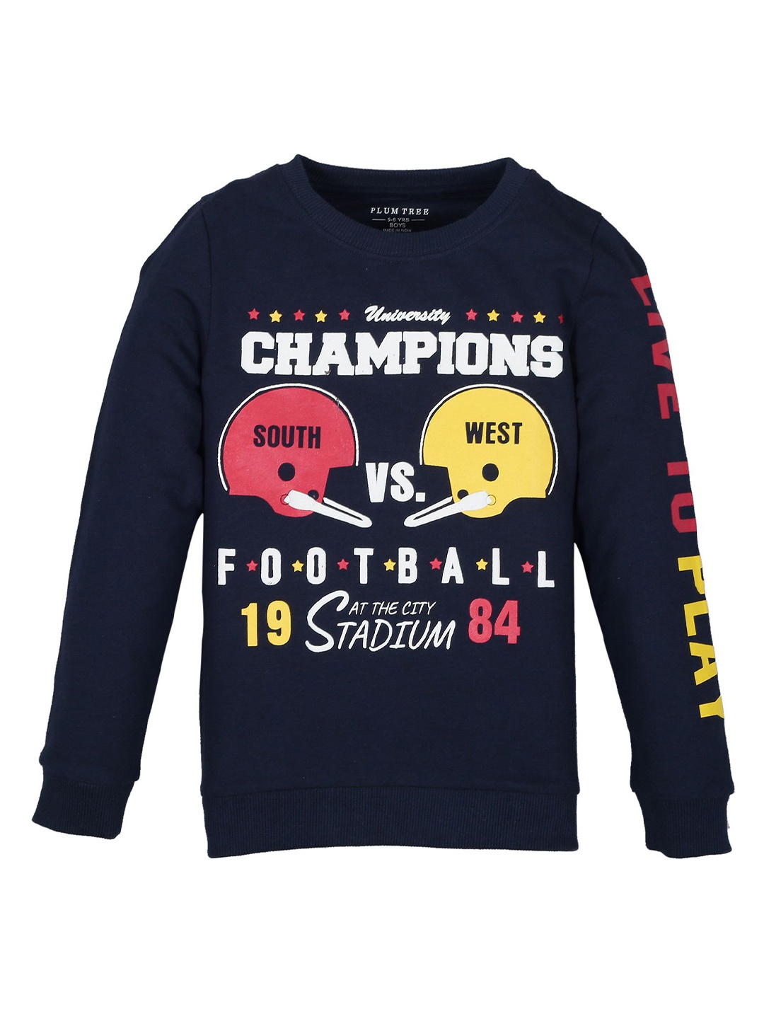 

PLUM TREE Boys Typography Printed Round Neck Cotton Pullover Sweatshirt, Navy blue