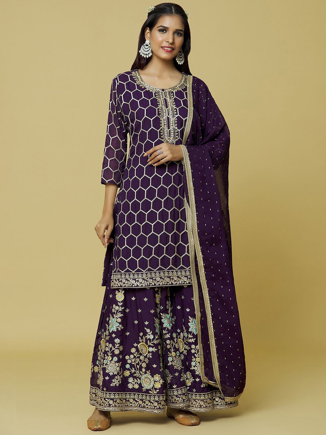 

Samyukta Singhani Ethnic Motifs Embroidered Straight Kurta With Sharara & Dupatta, Purple