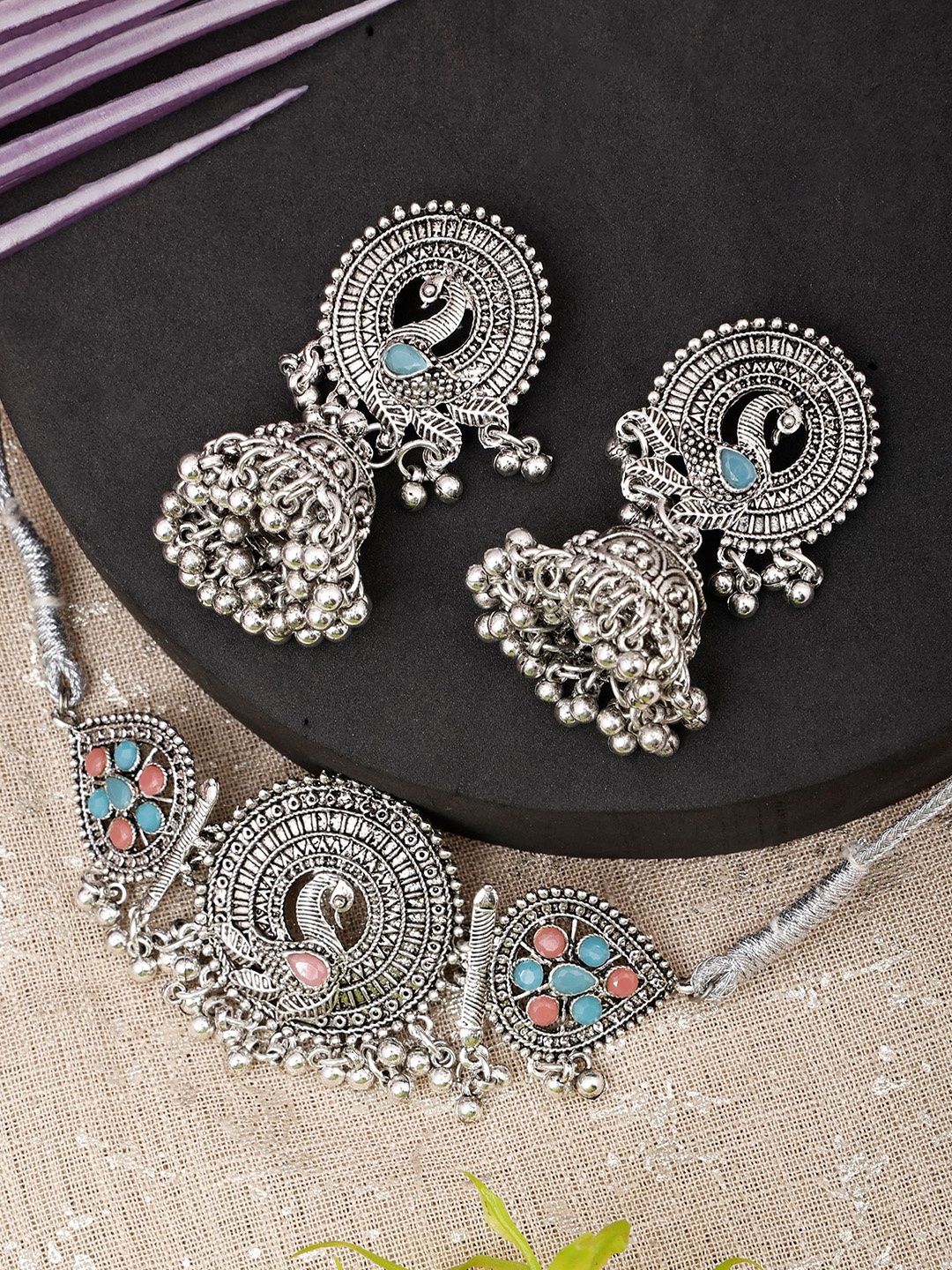 

SUNHARI Oxidised Stones-Studded & Beaded Jewellery Set, Blue