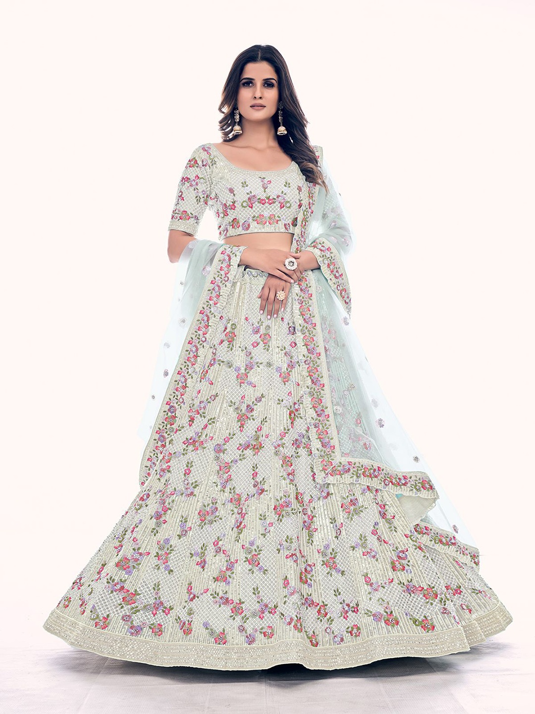 

ODETTE Floral Embroidered Semi-Stitched Lehenga & Blouse With Dupatta, White