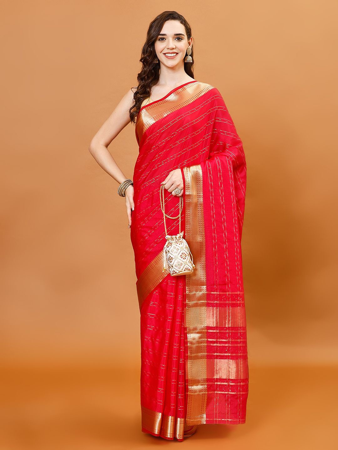 

Meena Bazaar Stripes Woven Design Organza Saree, Pink