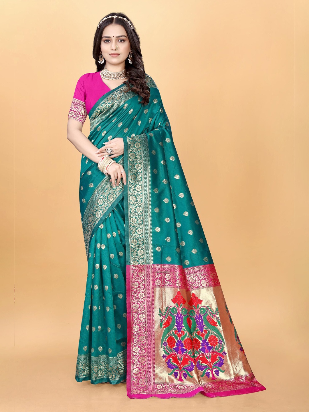 

VenderVilla Woven Design Zari Paithani Saree, Turquoise blue