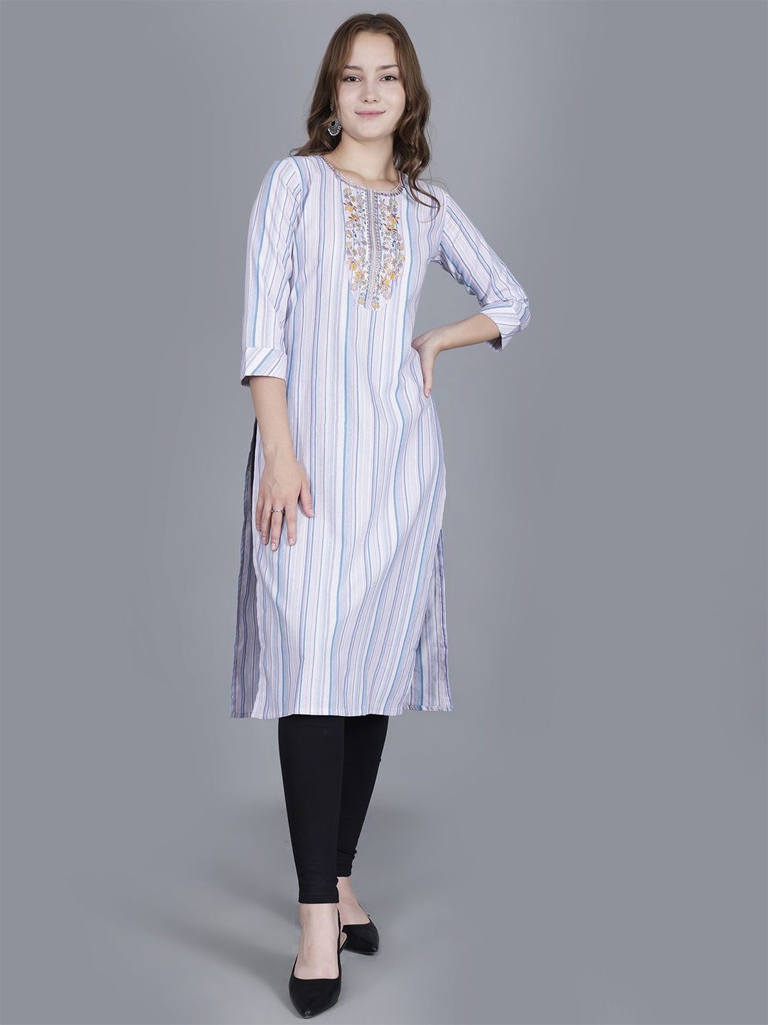 

FASHIRE Women Striped Embroidered Pure Cotton Kurtas, Blue