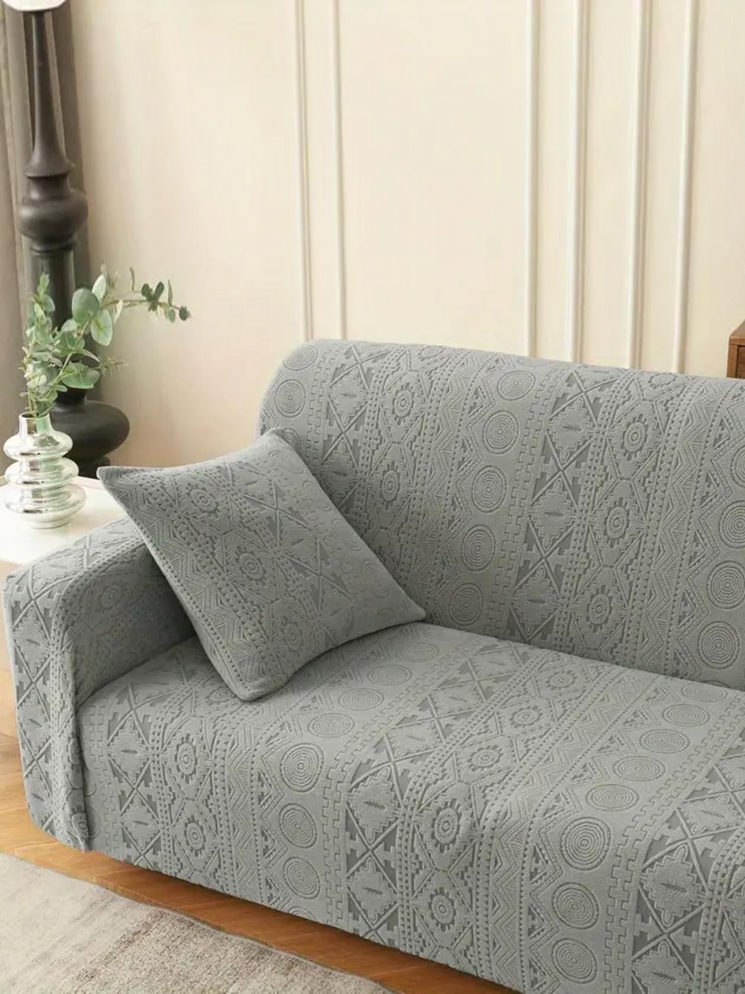 

Lukzer Grey Self Design Elasticated Sofa Cover With Arms