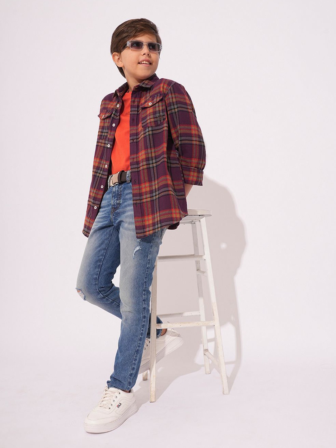 

Jack & Jones Junior Boys Spread Collar Checked Cotton Casual Shirt, Navy blue