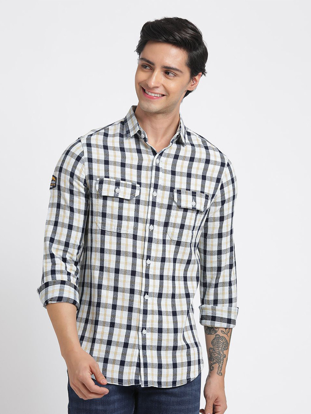 

Blue Buddha Men Comfort Spread Collar Tartan Checked Cotton Slim Fit Casual Shirt, White