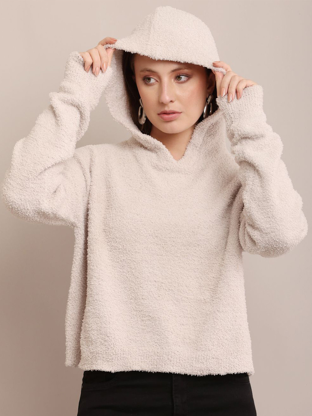 

NoBarr Women Solid Hood Pullover Sweatshirt, Beige