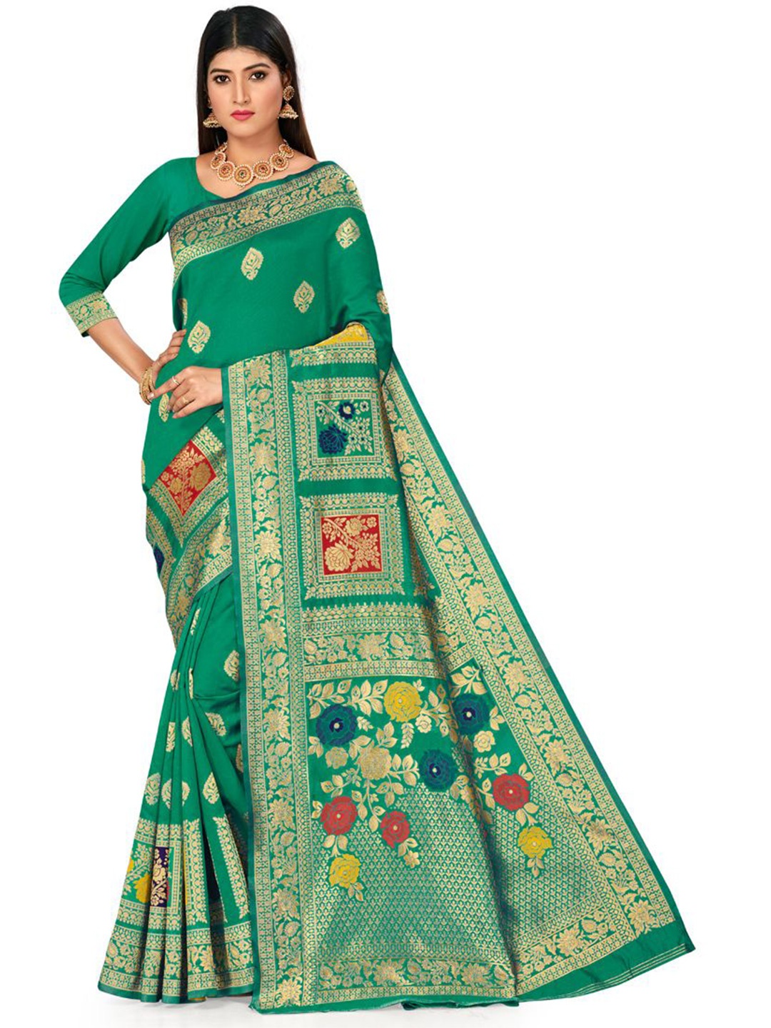 

Maroosh Floral Zari Silk Blend Fusion Banarasi Saree, Green