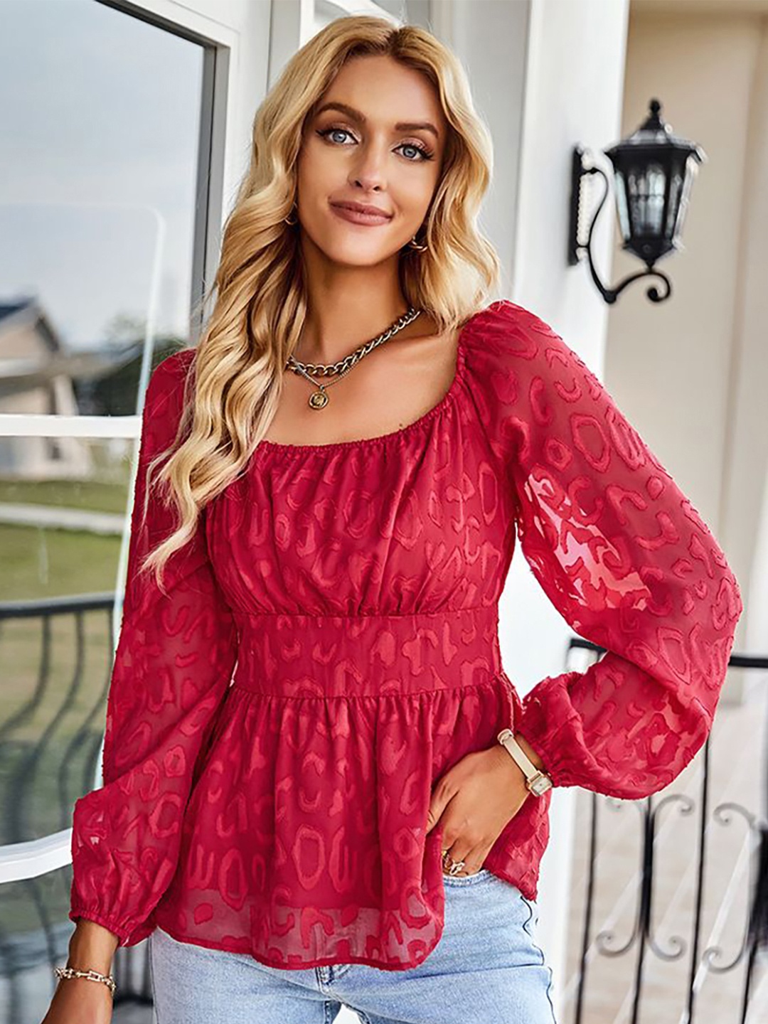 

StyleCast Women Self Design Square Neck Top, Red