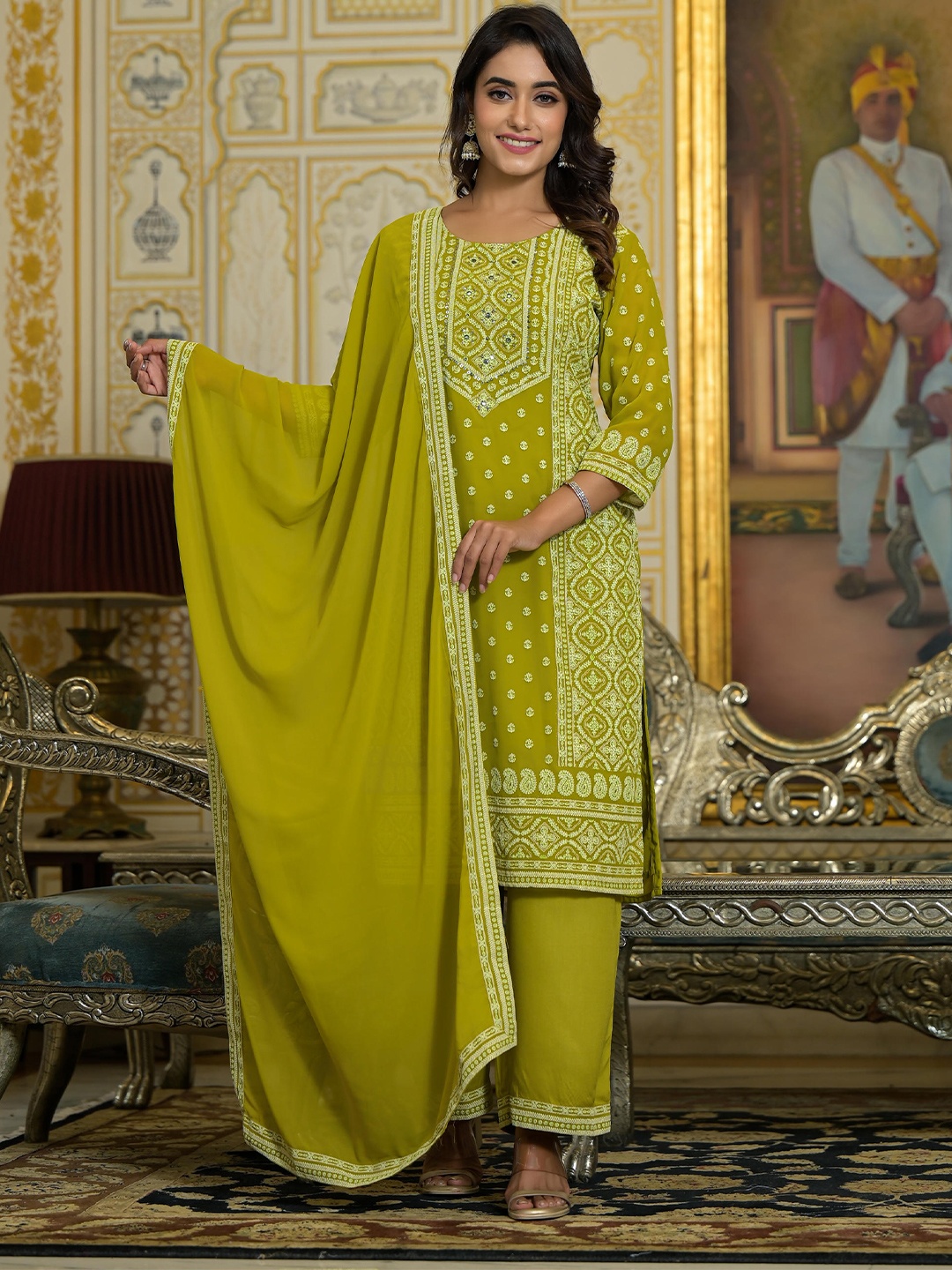 

Juniper Floral Embroidered Georgette Straight Kurta With Palazzo & Dupatta, Green