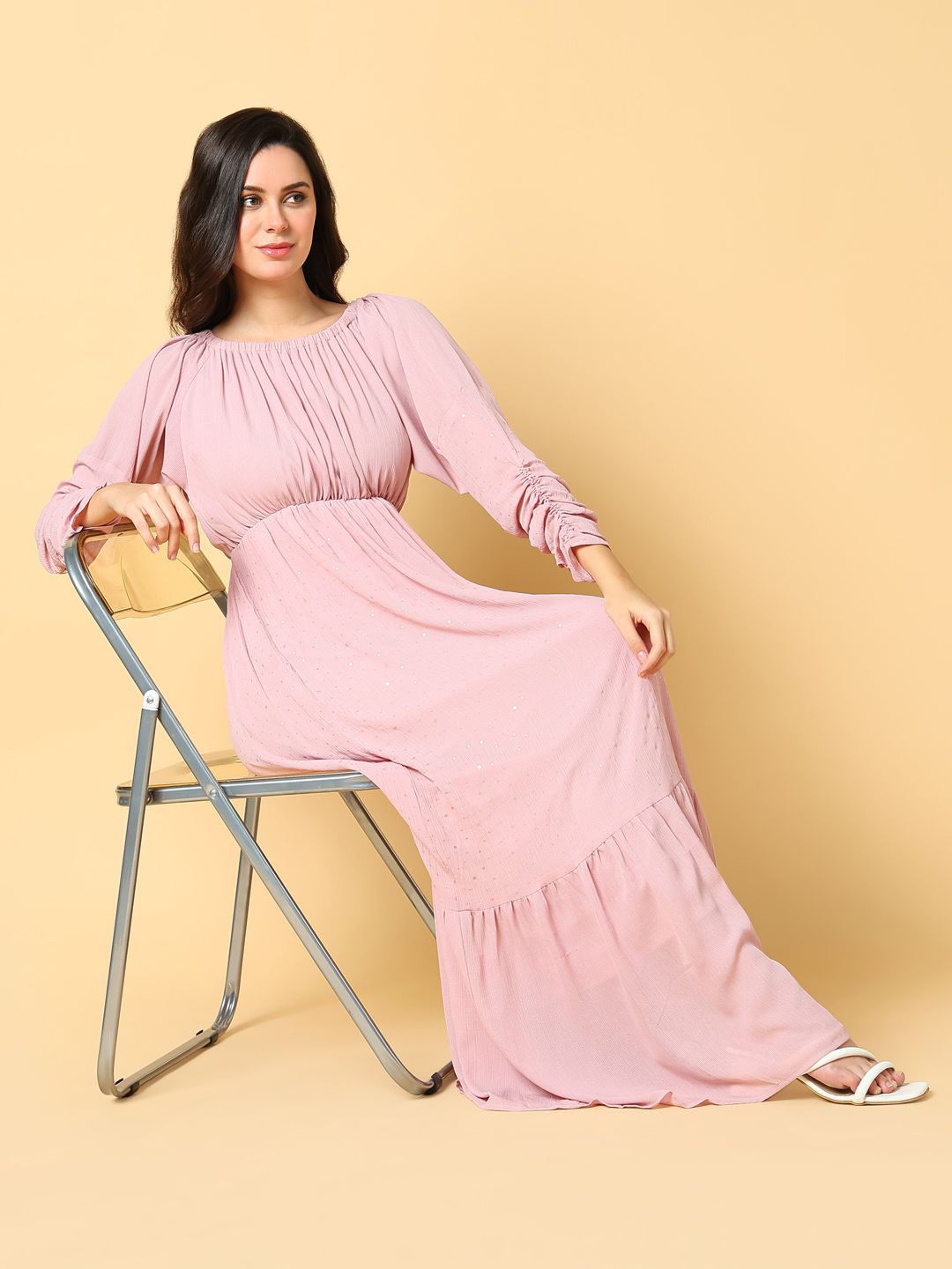 

SHOWOFF Women Puff Sleeves Fit & Flare Maxi Dress, Pink